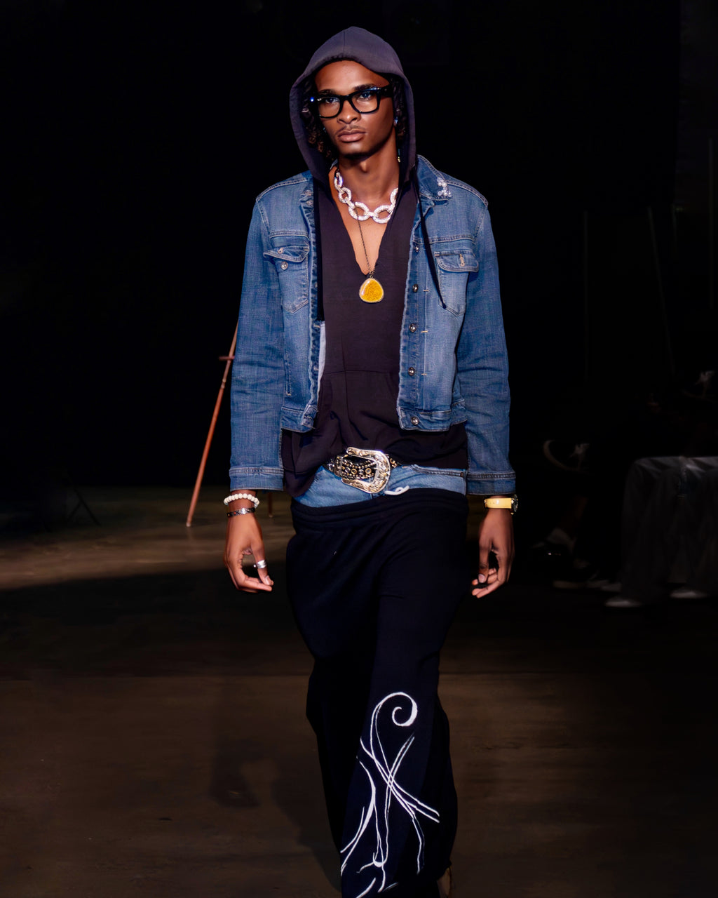 Denim double-layered sweatpants